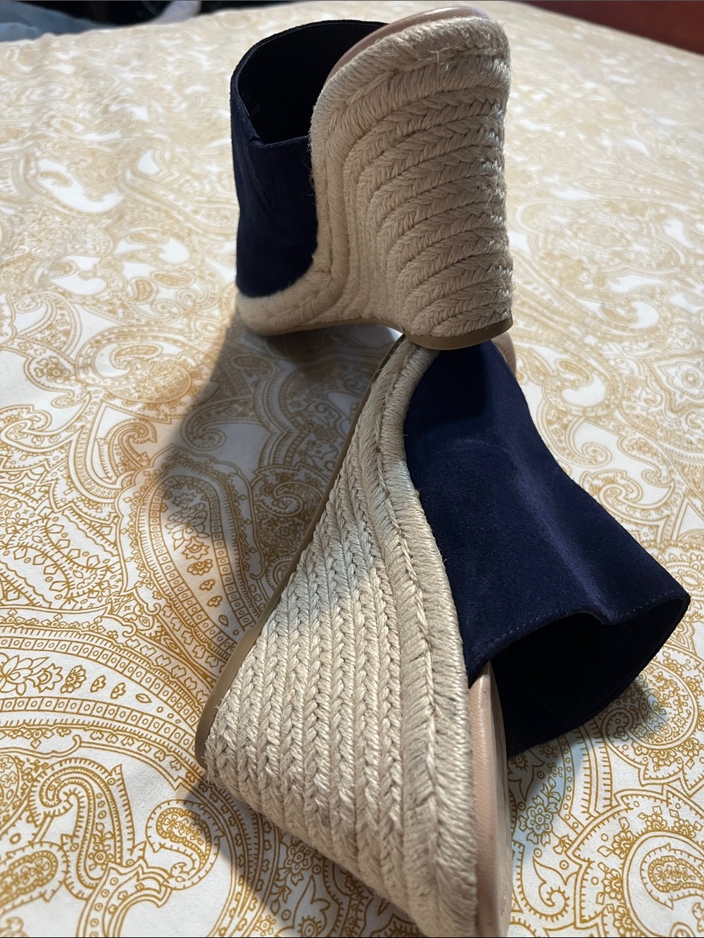 Stuart Weitzman Navy Suede Espadrille Slide Sandals with Tan Footbed - Picture 7 of 10